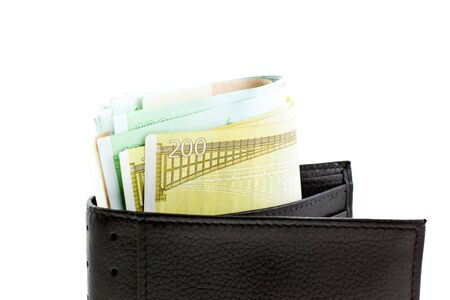 black leather wallet with euro notes. horizontal shotの写真素材