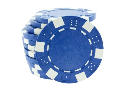 blue poker chips isolated on white background. closeup horizontal shotの写真素材