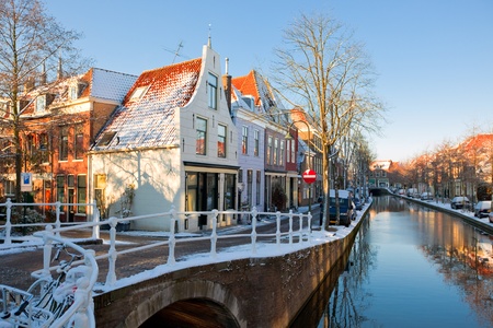 Houses and Canal in Delft residential district. horizontal shotの写真素材