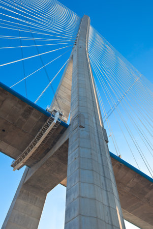 Normandy bridge Up view (Pont de Normandie, France). Vertical shotのeditorial素材