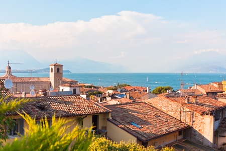 View Over Lake Garda and Desenzano town in Italyの写真素材