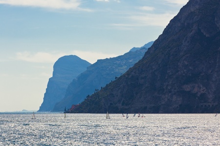 View Over Lake Garda in Italy. Good wind for windsurfing.の写真素材