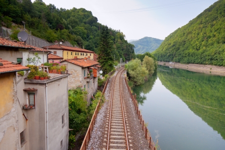 Railway along the river at Borgo a Mozzano, Tuscany, Italyの写真素材