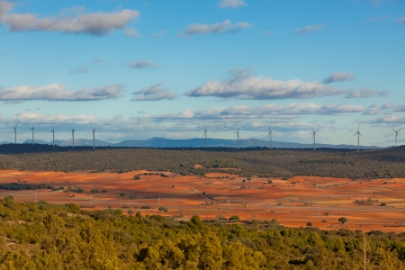 Fields and hills of Castilla-La Mancha, Spain at winterの写真素材