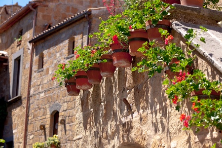 Bright flower pots on an ancient stone house wall in Italyの写真素材