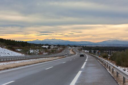 Landscape picture of empty highway in winter Central Spainの写真素材