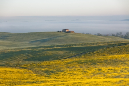 Morning fog view on farmhouse at Valley d?Orcia in Tuscany, Italy.Êの写真素材