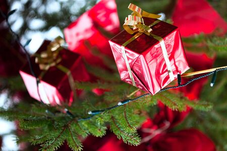 Christmas Tree branch decorated red gifts and light garlandの写真素材