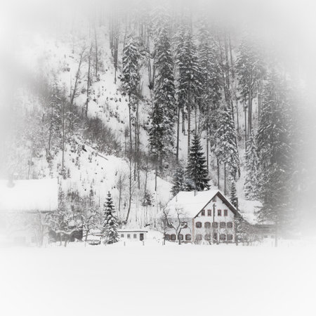 Fairy tale.Snowy Alpine house in the mountain woods.Toned and vignetted image as postcardのeditorial素材