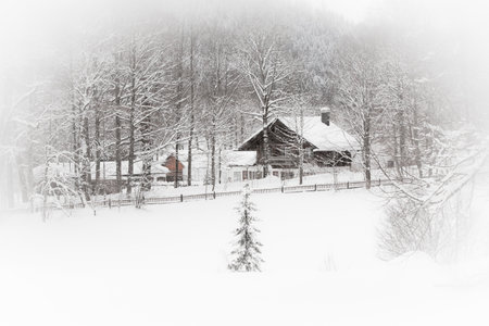 White landscape: snowy Alpine house in the woods. Toned and vignetted image as postcardのeditorial素材