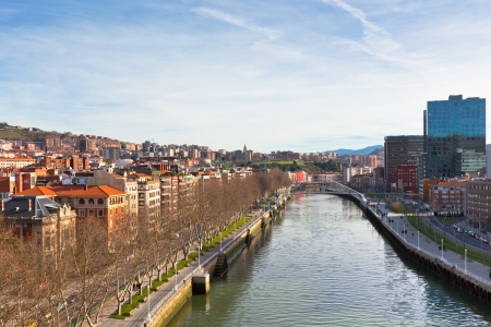 View of Bilbao, Vizcaya, Spain. Calatrava's Footbridge Zubizuri in perspectiveの写真素材