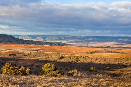 Fields and hills of Castilla-La Mancha, Spain at winterの写真素材