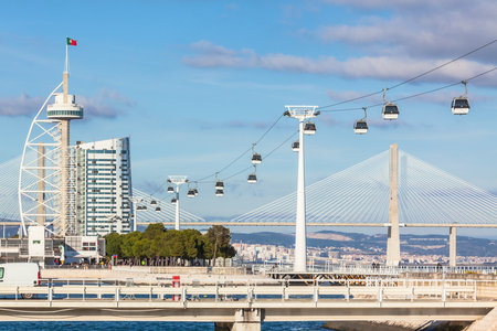 Cable car in Expo district, Lisbon, Portugal  Horizontal shotのeditorial素材