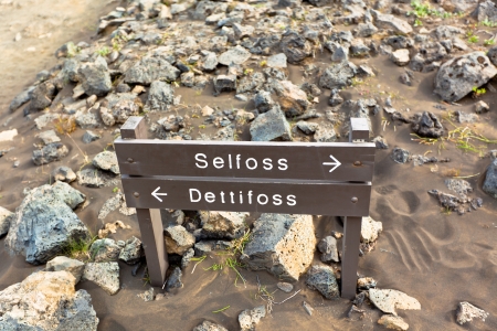 Sign post along the way to Iceland waterfalls Selfoss and Dettifoss. Horizontal shotの写真素材