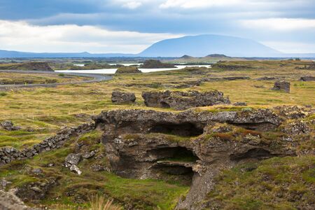 Myvatn Lake landscape at North Iceland at Overcast Weather. Horizontal shotの写真素材