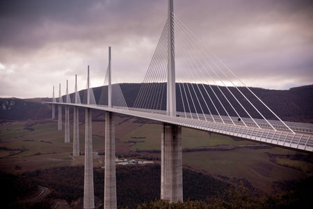 The Millau Viaduct is a motorway bridge which spans the River Tarn valley near Millau in Franceのeditorial素材