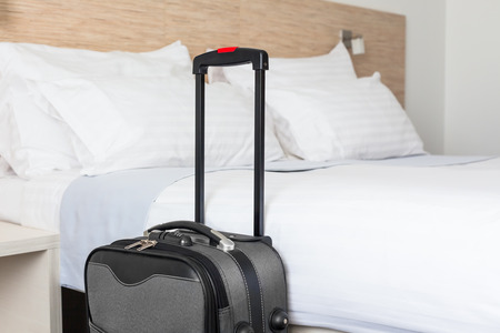 Prepared fresh bed, scene in hotel room. Horizontal shotの写真素材