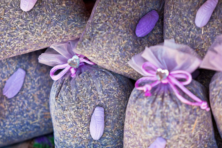 Dried lavender sachets basket. Horizontal shotの写真素材