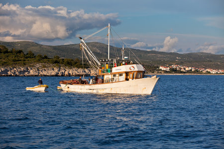 Old fishing boat in the Adriatic sea. Horizontal shotのeditorial素材