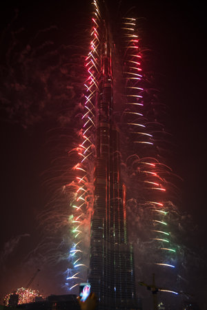 DUBAI, UAE - JANUARY 01: New Year Celebrations Fireworks at Burj Khalifa worldのeditorial素材