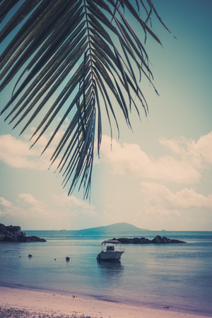 Boat on a Tropical beach at Curieuse island Seychelles. Vertical shot polaroid likeの写真素材