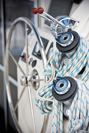 Winches and ropes, sailing yacht detail. Vertical shotの写真素材