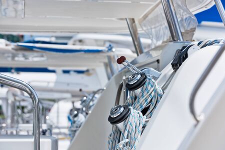 Winches and ropes, sailing yacht detail. Horizontal shotの写真素材