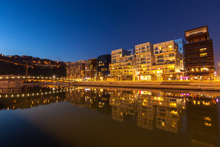 FRANCE, LYON - FEBRUARY 19: The Confluence District in Lyon, France on February 19, 2013. New district with an modern architecture in the place of the old port. Night shotのeditorial素材