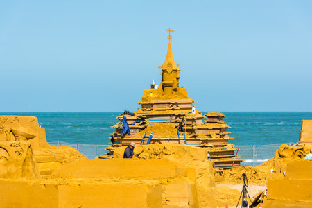 BELGIUM, OSTEND - MAY 27: Sand Sculpture Festival Frozen Summer Fun 2015 at Ostend Beach, Belgium preparings on May 27, 2015のeditorial素材