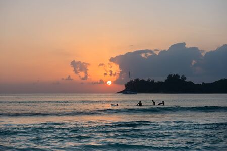 Silhouette of boys surfing on boards in ocean shore during sunset