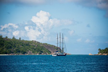 Recreational Yacht at the coast of Seychelles. Horizontal shotの写真素材