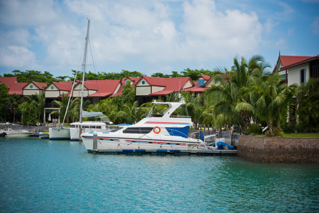 A beautiful view of marina at Eden Island, Mahe, Seychellesのeditorial素材