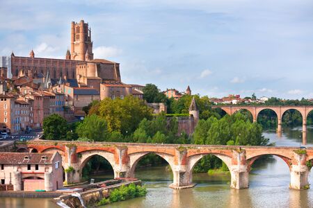 View of the August bridge and The Saint Cecile church in Albi, France. Horizontal shotの写真素材