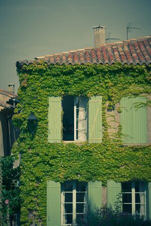 Overgrown wall of residential building facade with windows. Retro filtered shotの写真素材