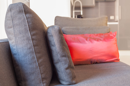 Modern apartments cozy furniture: a sofa with pillowsの写真素材