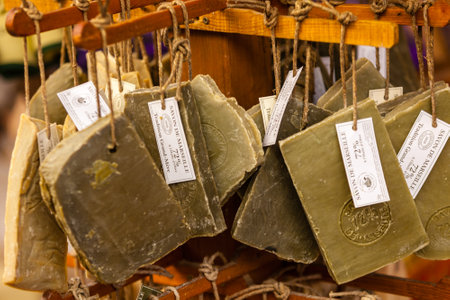 FRANCE, VAISON LA ROMAINE - AUGUST 06: Handmade soap in a beauty shop in Provence France on August 06, 2014のeditorial素材