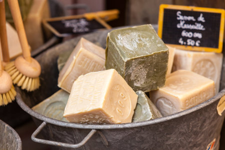 FRANCE, L'ISLE-SUR-LA-SORGUE - AUGUST 07: Handmade soap in a beauty shop in Provence France on August 07, 2014のeditorial素材