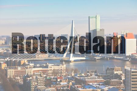 Name of Rotterdam city written on a picture of a view from Euromast tower at winter sunny dayの写真素材