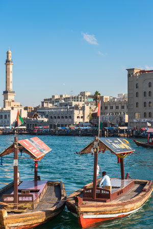 UAE, DUBAI - DECEMBER 27: traditional arabic boats at Dubai creek on December 27, 2014のeditorial素材