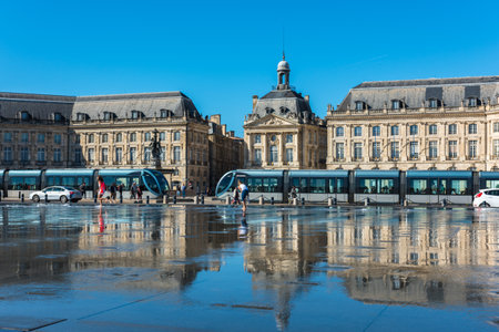 FRANCE, BORDEAUX - SEPTEMBER 20: Famous mirror fountain in front of Place de la Bourse in Bordeaux, France on September 20, 2015のeditorial素材