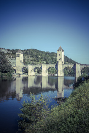 The Valentre bridge the symbol of Cahors town, Franceの写真素材