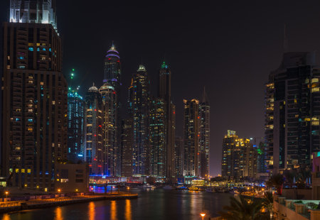 UAE, DUBAI - DECEMBER 31: night view of Dubai Marina, United Arab Emirates - the largest man-made marina in the world on December 31, 2014のeditorial素材