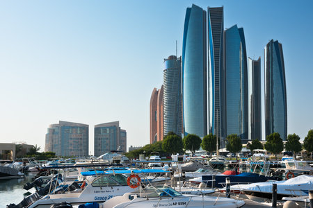UAE, ABU DHABI - DECEMBER 22: View of Al Bateen Wharf and the Etihad towers in Abu Dhabi, United Arab Emirates on December 22, 2014のeditorial素材