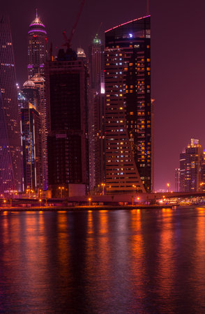 UAE, DUBAI - DECEMBER 31: night view of Dubai Marina, United Arab Emirates - the largest man-made marina in the world on December 31, 2014のeditorial素材
