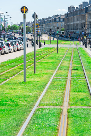 FRANCE, BORDEAUX - SEPTEMBER 20: Tram line on the street of Bordeaux, France on September 20, 2015のeditorial素材