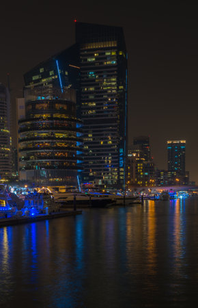 UAE, DUBAI - DECEMBER 31: night view of Dubai Marina, United Arab Emirates - the largest man-made marina in the world on December 31, 2014のeditorial素材