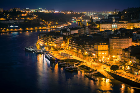 PORTUGAL, PORTO - JANUARY 20: Overview of Old Town of Porto, Portugal at night on January 20, 2013のeditorial素材