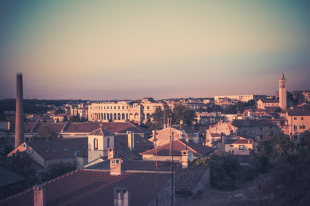 View of Pula, Croatia cityscape at sunset from aboveの写真素材