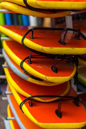 Set of different color surf boards in a stack. Franceの写真素材