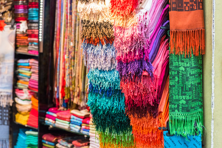 Selection of colorful women scarves at a marketの写真素材